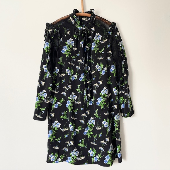 SANDRO Silk Lace Insets Ruffle Black Green Floral Mini Shift Victorian Dress - Picture 4 of 12